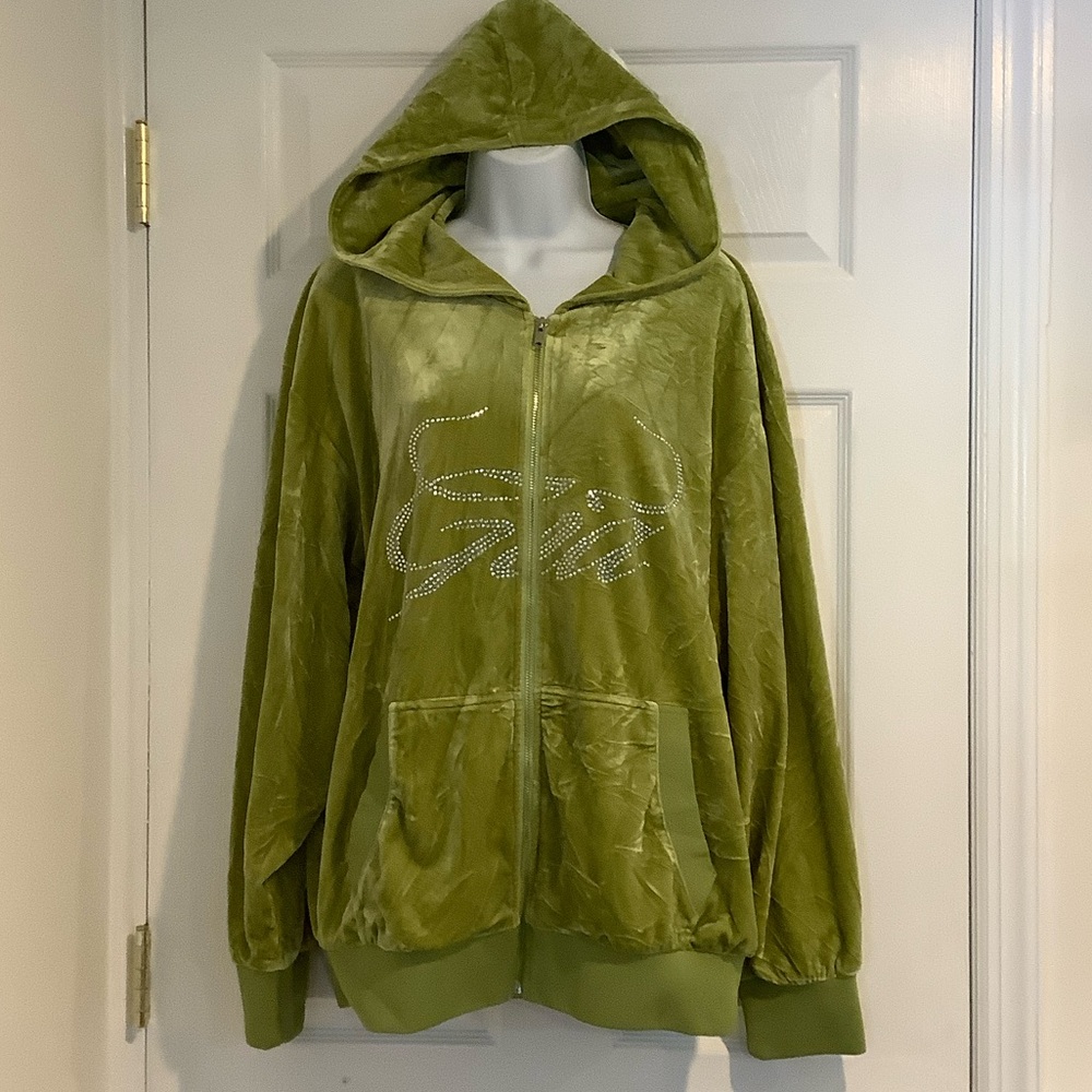 I. AM. GIA Y2K Women’s Green Crushed Velvet Zip Up Angel Wing Jeweled Hoodie M
